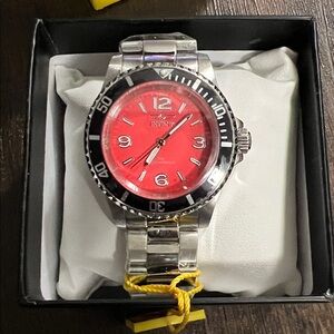 Invicta Red Dial Silver Watch with Black Bezel